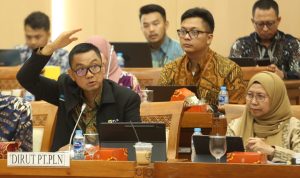 Direktur Utama PLN Darmawan Prasodjo (kiri) didampingi Direktur Niaga dan Retail PLN, Edi Srimulyanti (kanan) saat memaparkan upaya transisi energi yang dilakukan oleh PLN dalam Rapat Dengar Pendapat dengan Komisi VII DPR RI, di Jakarta, Rabu (5/7).