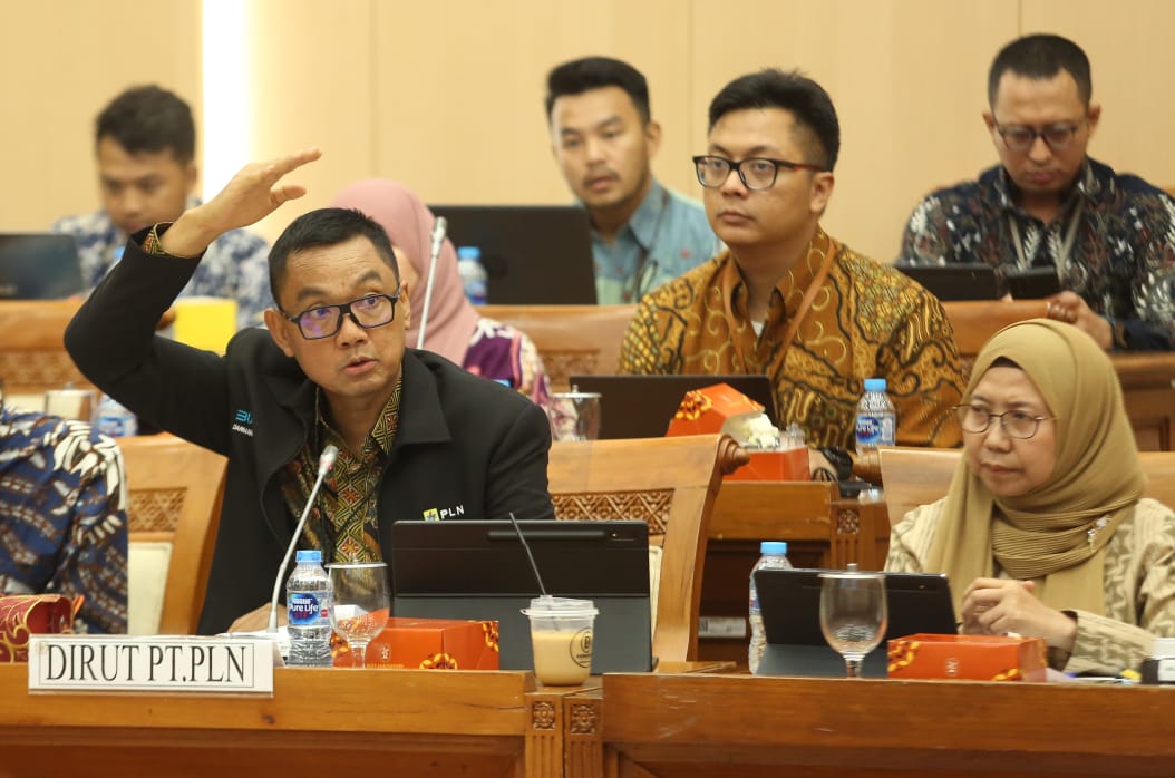 Direktur Utama PLN Darmawan Prasodjo (kiri) didampingi Direktur Niaga dan Retail PLN, Edi Srimulyanti (kanan) saat memaparkan upaya transisi energi yang dilakukan oleh PLN dalam Rapat Dengar Pendapat dengan Komisi VII DPR RI, di Jakarta, Rabu (5/7).