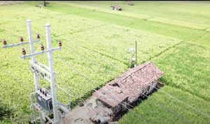 Jaringan tegangan listrik di areal persawahan Desa Sukorejo, Ponorogo, Jawa Timur. PLN menghadirkan program electrifying agriculture yang mendorong petani menggunakan teknologi berbasis listrik dalam proses pertaniannya. Program electrifying agriculture juga sukses meningkatkan produktivitas pelaku usaha di sektor pertanian.