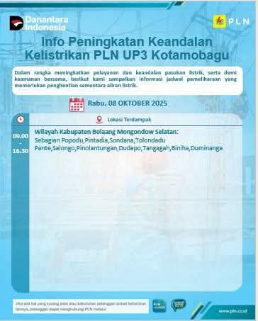 PLN (Persero) Unit Pelaksana Pelayanan Pelanggan (UP3) Kotamobagu akan melaksanakan pekerjaan pemeliharaan jaringan listrik pada besok, Rabu (08/10/25).
