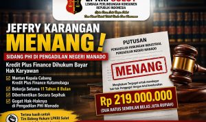 Jeffry Karangan memenangkan perkara Perselisihan Hubungan Industrial (PHI) melawan Kredit Plus Finance di Pengadilan Negeri Manado.